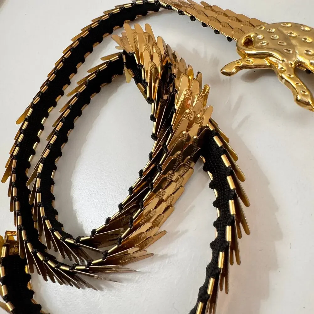 Vintage Women's Elastic Belt Black Gold Tone Dragon Scale Cheetah Brass Buckle